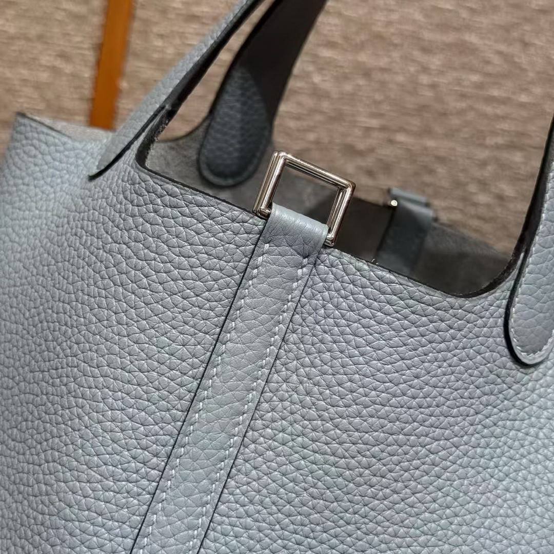 Hermes Picotin Lock 18 CM Bag Handmade In Taurillon Clemence Leather Silver Hardware J7 Blue Lin - Image 8