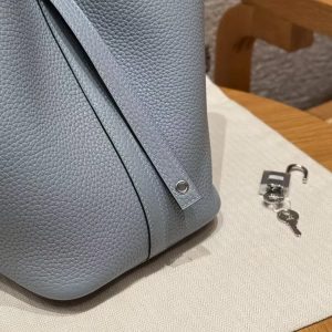 Hermes Picotin Lock 18 CM Bag Handmade In Taurillon Clemence Leather Silver Hardware J7 Blue Lin - Image 6