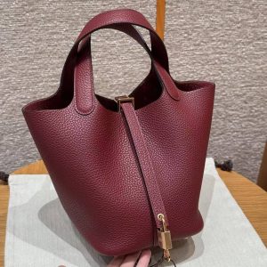 Hermes Picotin Lock 18 CM Bag Handmade In Taurillon Clemence Leather Gold Hardware K1 Rouge Grenat