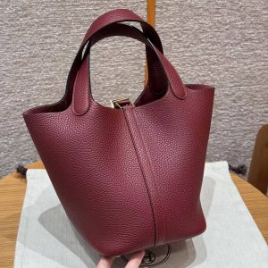 Hermes Picotin Lock 18 CM Bag Handmade In Taurillon Clemence Leather Gold Hardware K1 Rouge Grenat - Image 2