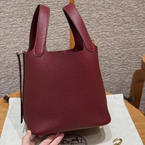 Hermes Picotin Lock 18 CM Bag Handmade In Taurillon Clemence Leather Gold Hardware K1 Rouge Grenat - Image 17