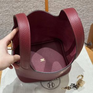 Hermes Picotin Lock 18 CM Bag Handmade In Taurillon Clemence Leather Gold Hardware K1 Rouge Grenat - Image 15