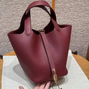 Hermes Picotin Lock 18 CM Bag Handmade In Taurillon Clemence Leather Gold Hardware K1 Rouge Grenat - Image 11
