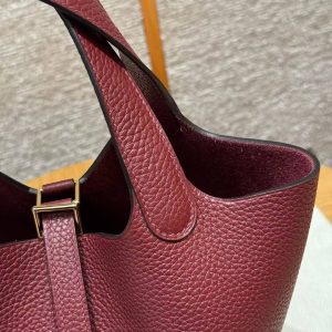 Hermes Picotin Lock 18 CM Bag Handmade In Taurillon Clemence Leather Gold Hardware K1 Rouge Grenat - Image 9