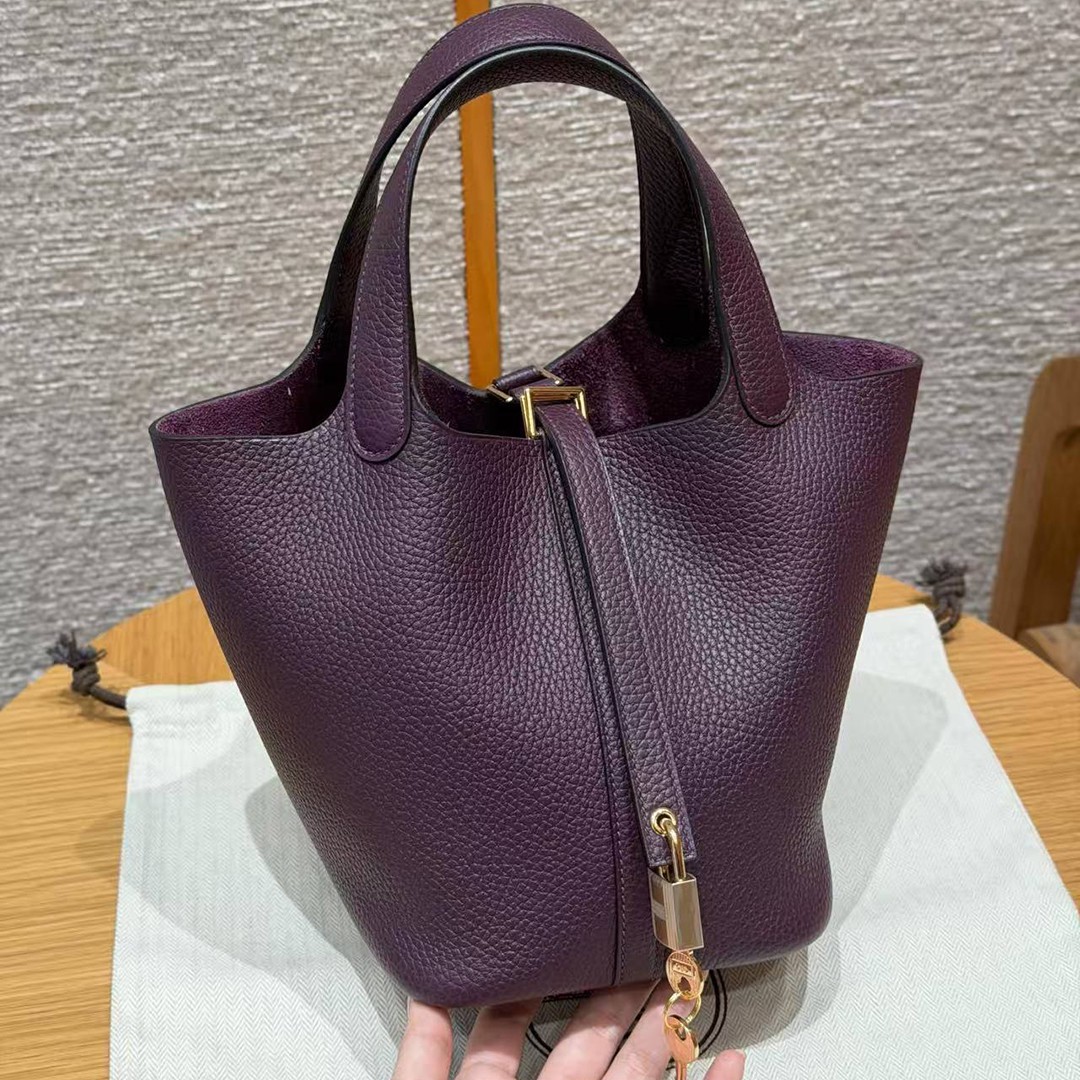 Hermes Picotin Lock 18 CM Bag Handmade In Taurillon Clemence Leather Gold Hardware N5 Cassis