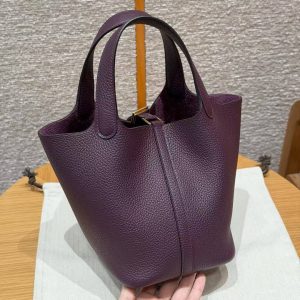 Hermes Picotin Lock 18 CM Bag Handmade In Taurillon Clemence Leather Gold Hardware N5 Cassis - Image 2