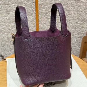 Hermes Picotin Lock 18 CM Bag Handmade In Taurillon Clemence Leather Gold Hardware N5 Cassis - Image 13