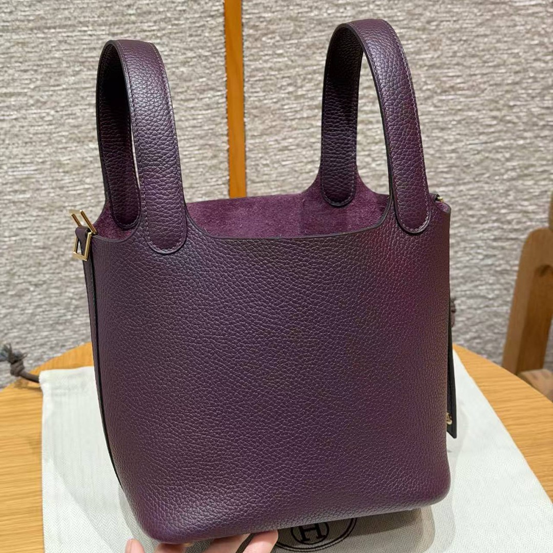 Hermes Picotin Lock 18 CM Bag Handmade In Taurillon Clemence Leather Gold Hardware N5 Cassis - Image 13