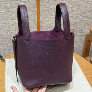 Hermes Picotin Lock 18 CM Bag Handmade In Taurillon Clemence Leather Gold Hardware N5 Cassis - Image 12