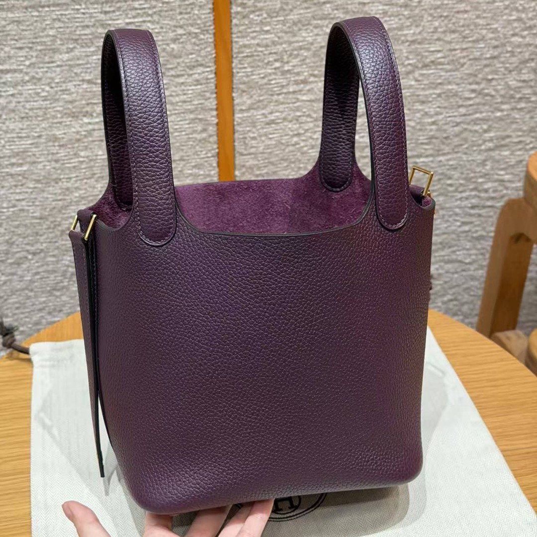 Hermes Picotin Lock 18 CM Bag Handmade In Taurillon Clemence Leather Gold Hardware N5 Cassis - Image 12