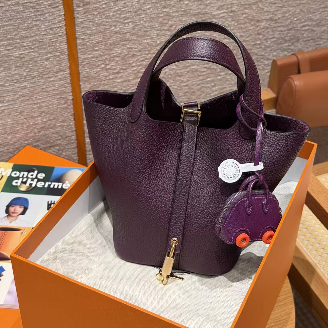 Hermes Picotin Lock 18 CM Bag Handmade In Taurillon Clemence Leather Gold Hardware N5 Cassis - Image 7