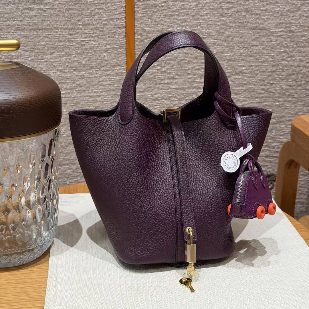 Hermes Picotin Lock 18 CM Bag Handmade In Taurillon Clemence Leather Gold Hardware N5 Cassis - Image 6