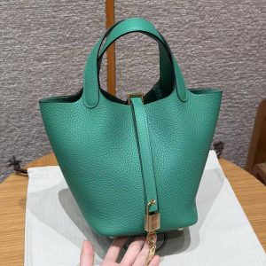 Hermes Picotin Lock 18 CM Bag Handmade In Taurillon Clemence Leather Gold Hardware O6 Vert Jade