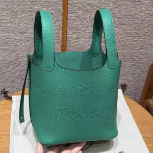 Hermes Picotin Lock 18 CM Bag Handmade In Taurillon Clemence Leather Gold Hardware O6 Vert Jade - Image 13