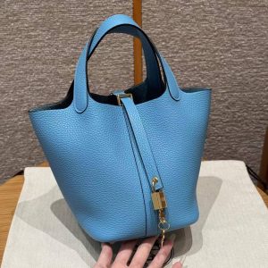 Hermes Picotin Lock 18 CM Bag Handmade In Taurillon Clemence Leather Gold Hardware P3 Bleu De Nord