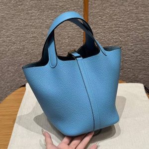 Hermes Picotin Lock 18 CM Bag Handmade In Taurillon Clemence Leather Gold Hardware P3 Bleu De Nord - Image 2
