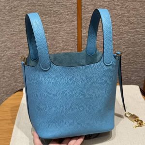 Hermes Picotin Lock 18 CM Bag Handmade In Taurillon Clemence Leather Gold Hardware P3 Bleu De Nord - Image 17