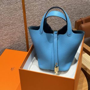 Hermes Picotin Lock 18 CM Bag Handmade In Taurillon Clemence Leather Gold Hardware P3 Bleu De Nord - Image 10
