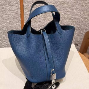 Hermes Picotin Lock 18 CM Bag Handmade In Taurillon Clemence Leather Silver Hardware P5 Blue Tie