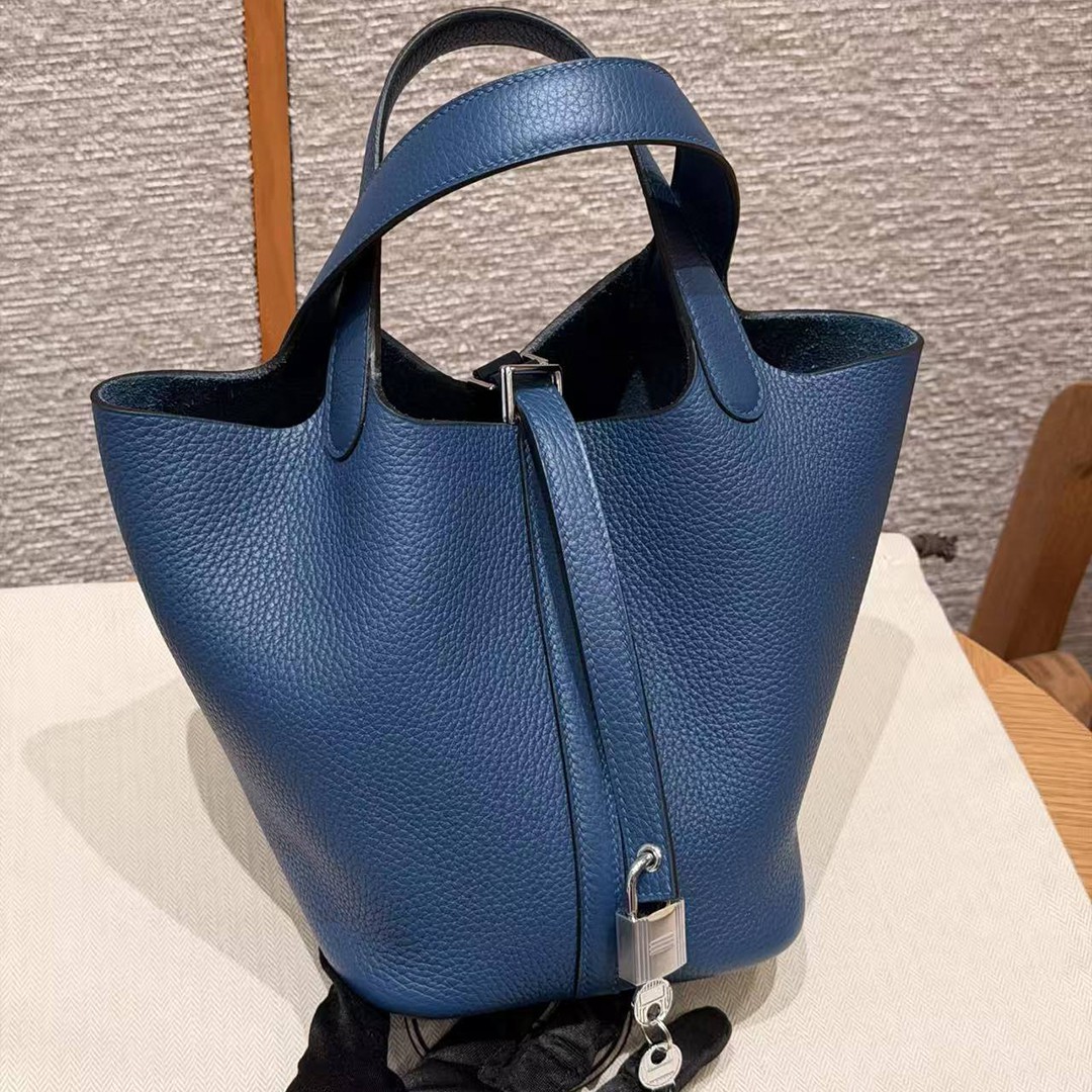 Hermes Picotin Lock 18 CM Bag Handmade In Taurillon Clemence Leather Silver Hardware P5 Blue Tie