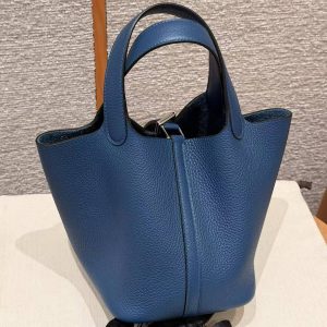 Hermes Picotin Lock 18 CM Bag Handmade In Taurillon Clemence Leather Silver Hardware P5 Blue Tie - Image 2