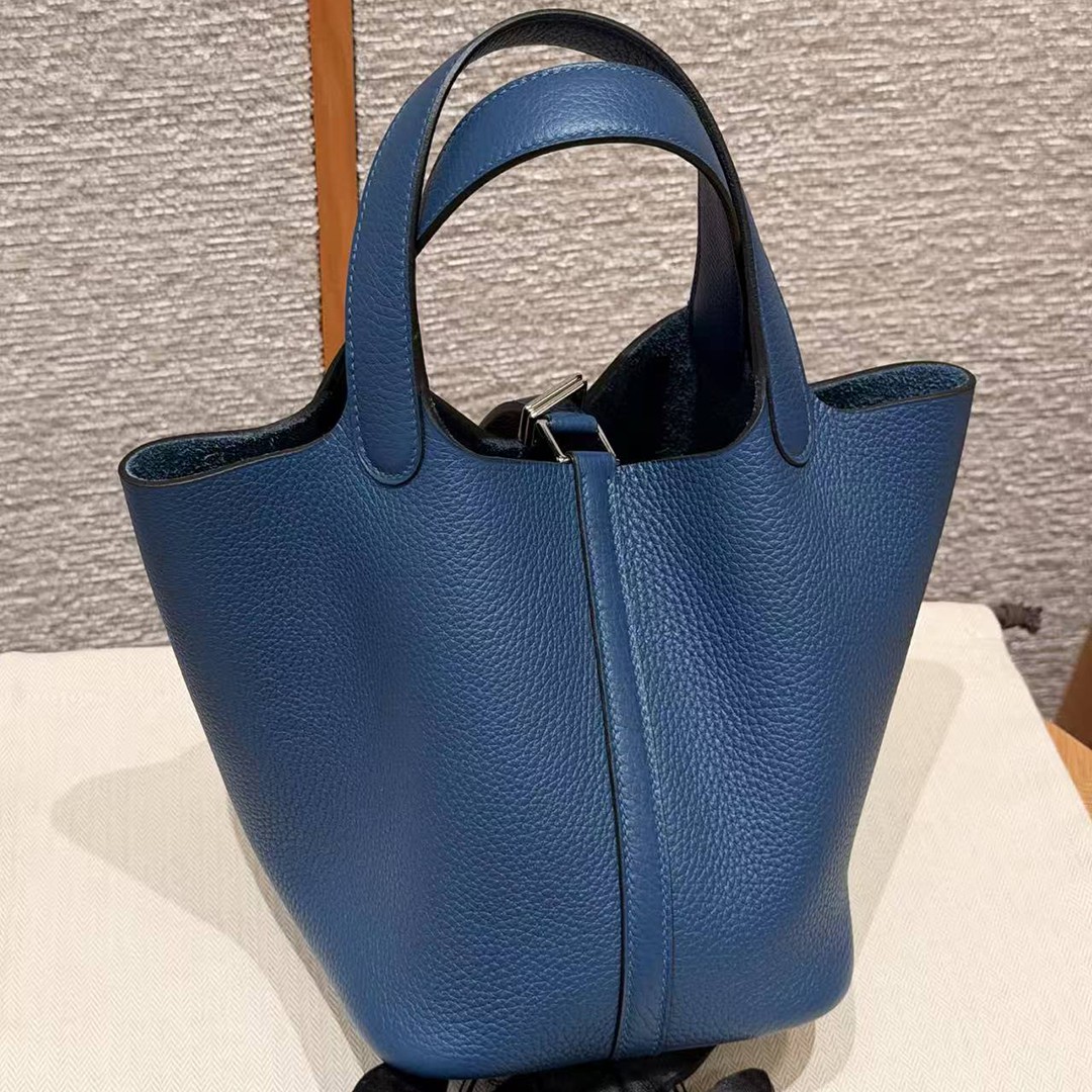 Hermes Picotin Lock 18 CM Bag Handmade In Taurillon Clemence Leather Silver Hardware P5 Blue Tie - Image 2