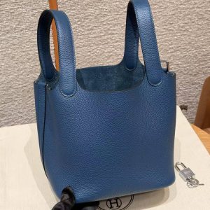 Hermes Picotin Lock 18 CM Bag Handmade In Taurillon Clemence Leather Silver Hardware P5 Blue Tie - Image 20