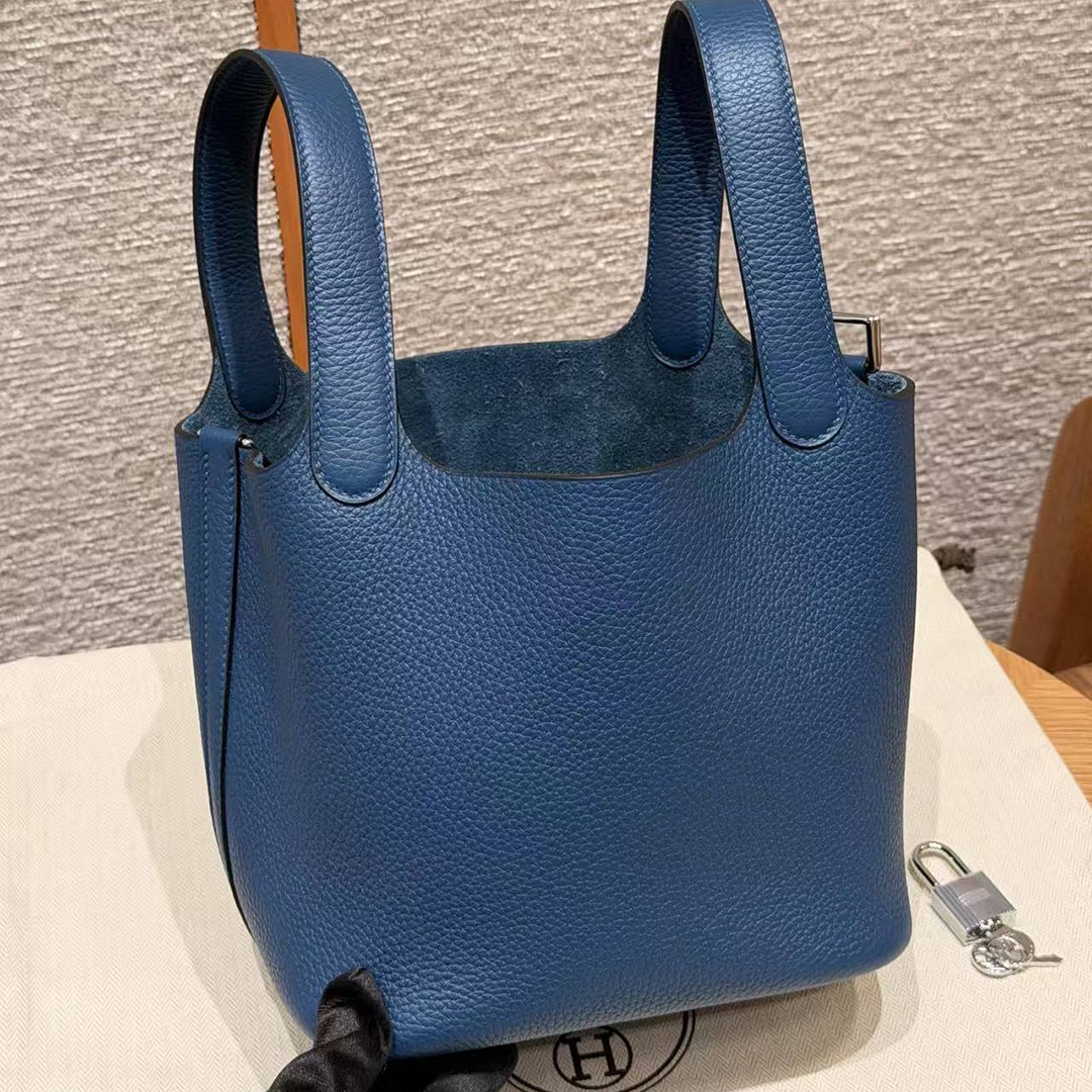 Hermes Picotin Lock 18 CM Bag Handmade In Taurillon Clemence Leather Silver Hardware P5 Blue Tie - Image 20