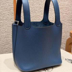 Hermes Picotin Lock 18 CM Bag Handmade In Taurillon Clemence Leather Silver Hardware P5 Blue Tie - Image 19