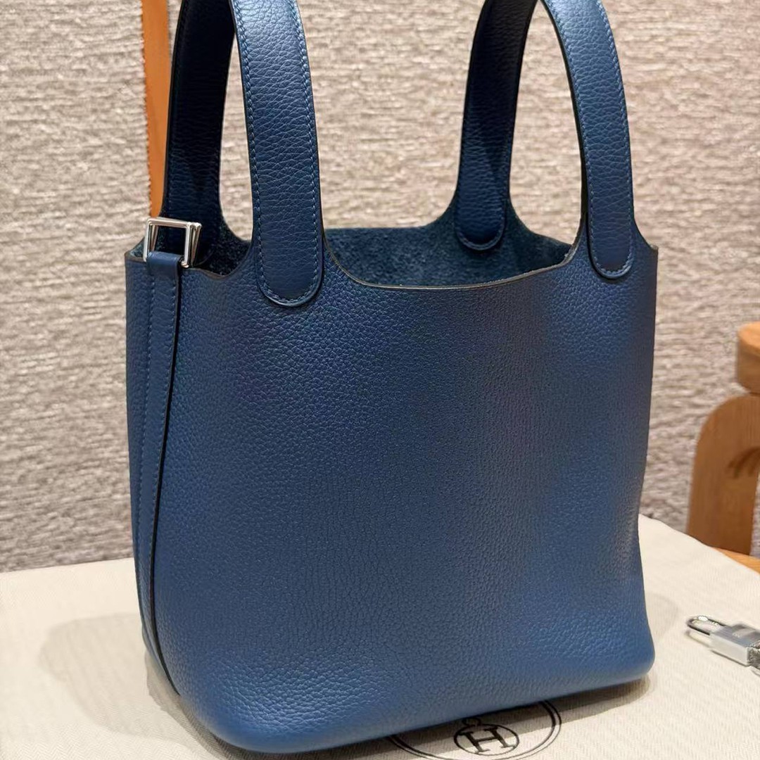 Hermes Picotin Lock 18 CM Bag Handmade In Taurillon Clemence Leather Silver Hardware P5 Blue Tie - Image 19