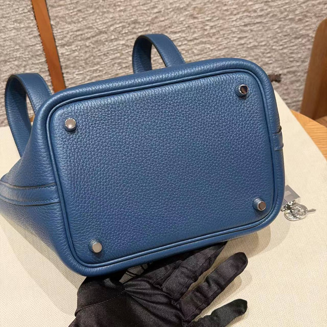 Hermes Picotin Lock 18 CM Bag Handmade In Taurillon Clemence Leather Silver Hardware P5 Blue Tie - Image 18