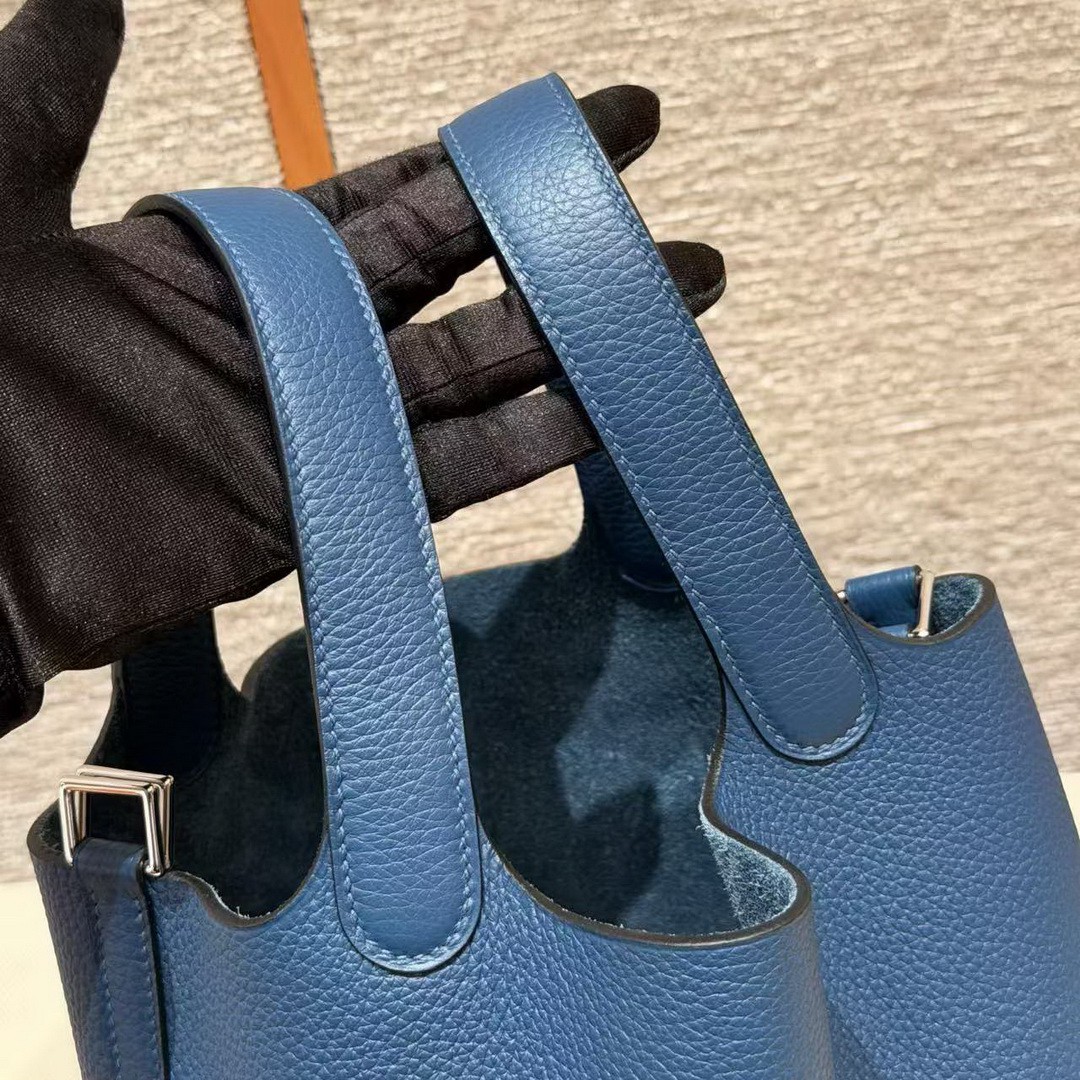 Hermes Picotin Lock 18 CM Bag Handmade In Taurillon Clemence Leather Silver Hardware P5 Blue Tie - Image 16