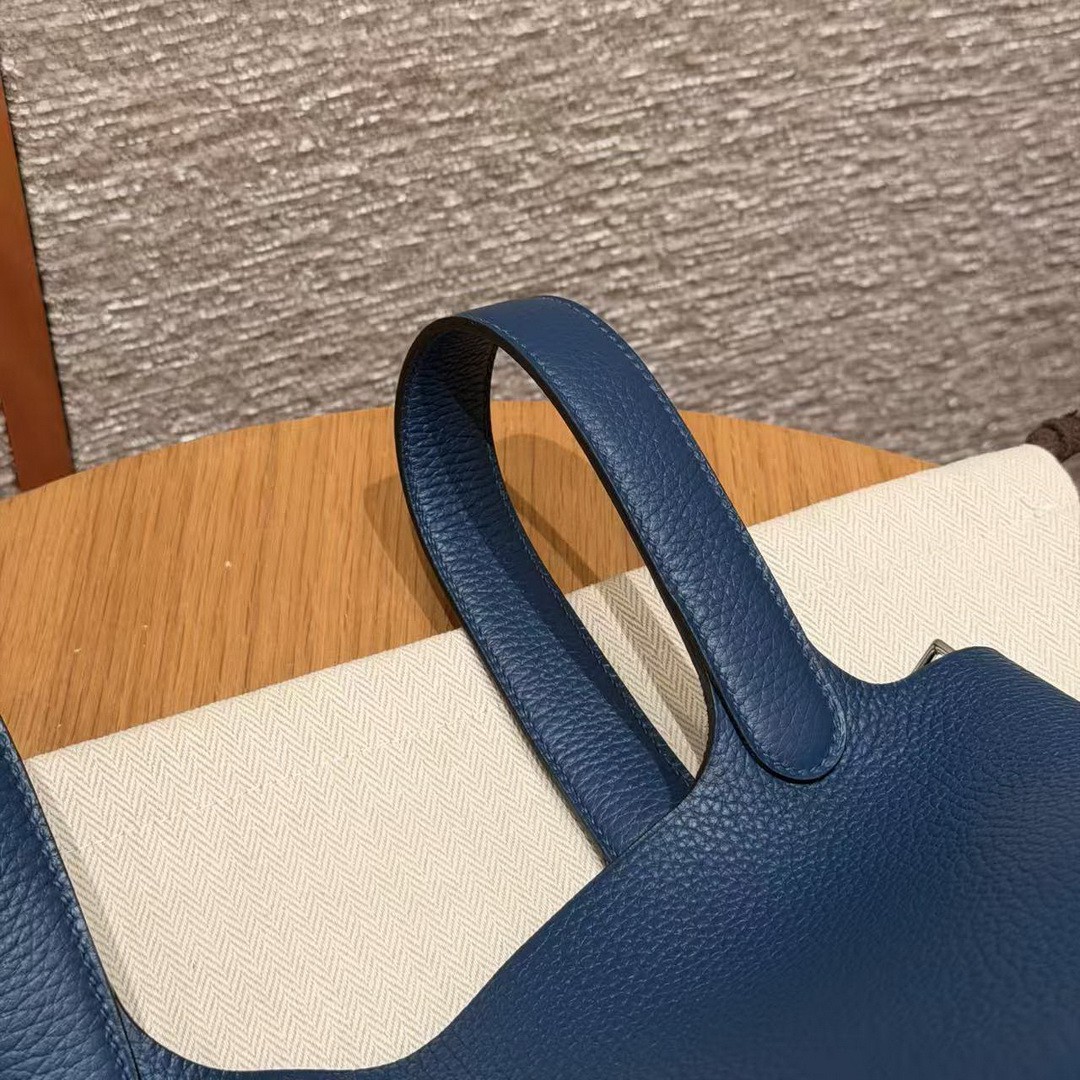 Hermes Picotin Lock 18 CM Bag Handmade In Taurillon Clemence Leather Silver Hardware P5 Blue Tie - Image 14