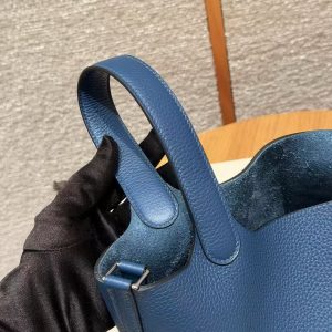 Hermes Picotin Lock 18 CM Bag Handmade In Taurillon Clemence Leather Silver Hardware P5 Blue Tie - Image 13