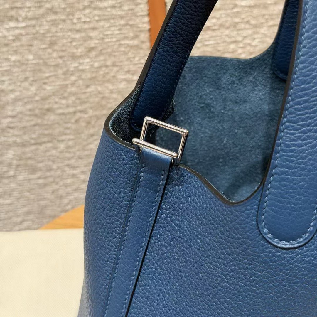 Hermes Picotin Lock 18 CM Bag Handmade In Taurillon Clemence Leather Silver Hardware P5 Blue Tie - Image 12