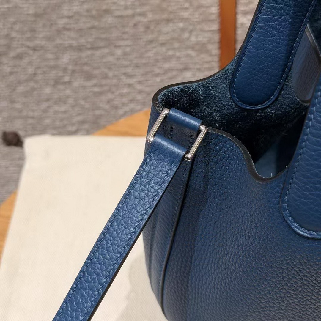 Hermes Picotin Lock 18 CM Bag Handmade In Taurillon Clemence Leather Silver Hardware P5 Blue Tie - Image 11