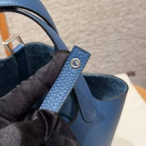 Hermes Picotin Lock 18 CM Bag Handmade In Taurillon Clemence Leather Silver Hardware P5 Blue Tie - Image 7