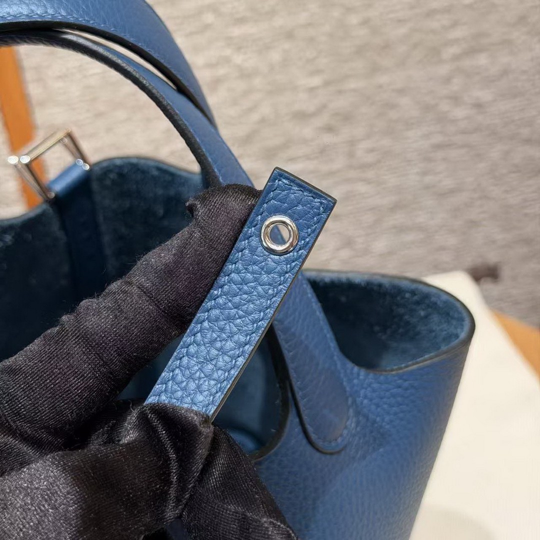 Hermes Picotin Lock 18 CM Bag Handmade In Taurillon Clemence Leather Silver Hardware P5 Blue Tie - Image 7
