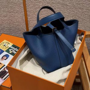 Hermes Picotin Lock 18 CM Bag Handmade In Taurillon Clemence Leather Silver Hardware P5 Blue Tie - Image 5