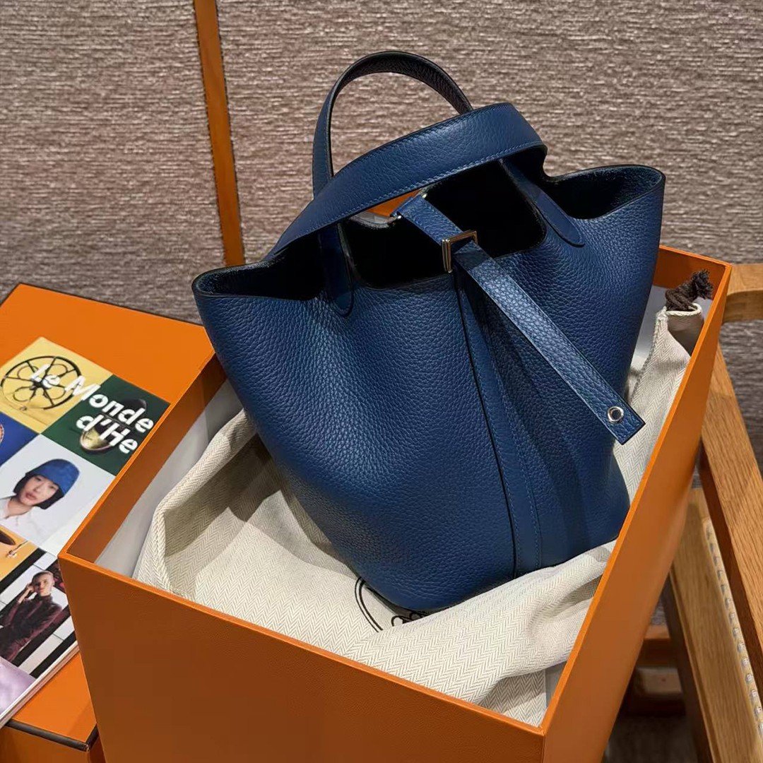 Hermes Picotin Lock 18 CM Bag Handmade In Taurillon Clemence Leather Silver Hardware P5 Blue Tie - Image 5