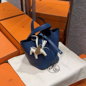 Hermes Picotin Lock 18 CM Bag Handmade In Taurillon Clemence Leather Silver Hardware P5 Blue Tie - Image 3