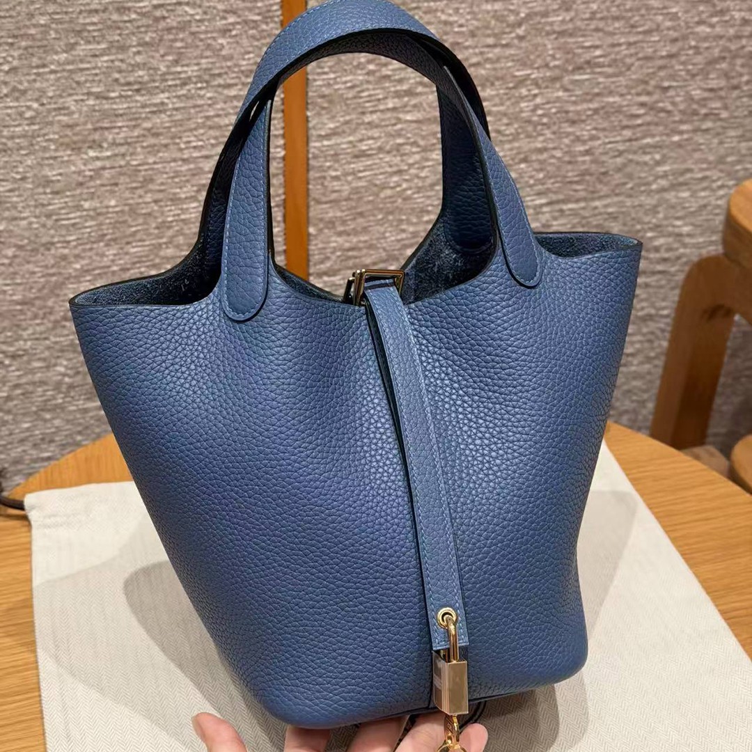 Hermes Picotin Lock 18 CM Bag Handmade In Taurillon Clemence Leather Gold Hardware R2 Blue Agate