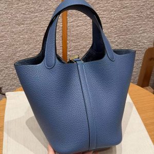 Hermes Picotin Lock 18 CM Bag Handmade In Taurillon Clemence Leather Gold Hardware R2 Blue Agate - Image 2