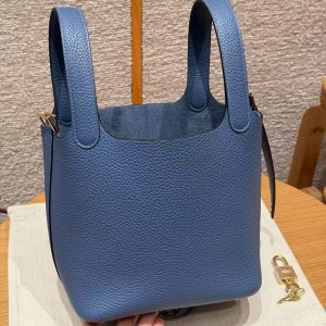 Hermes Picotin Lock 18 CM Bag Handmade In Taurillon Clemence Leather Gold Hardware R2 Blue Agate - Image 15
