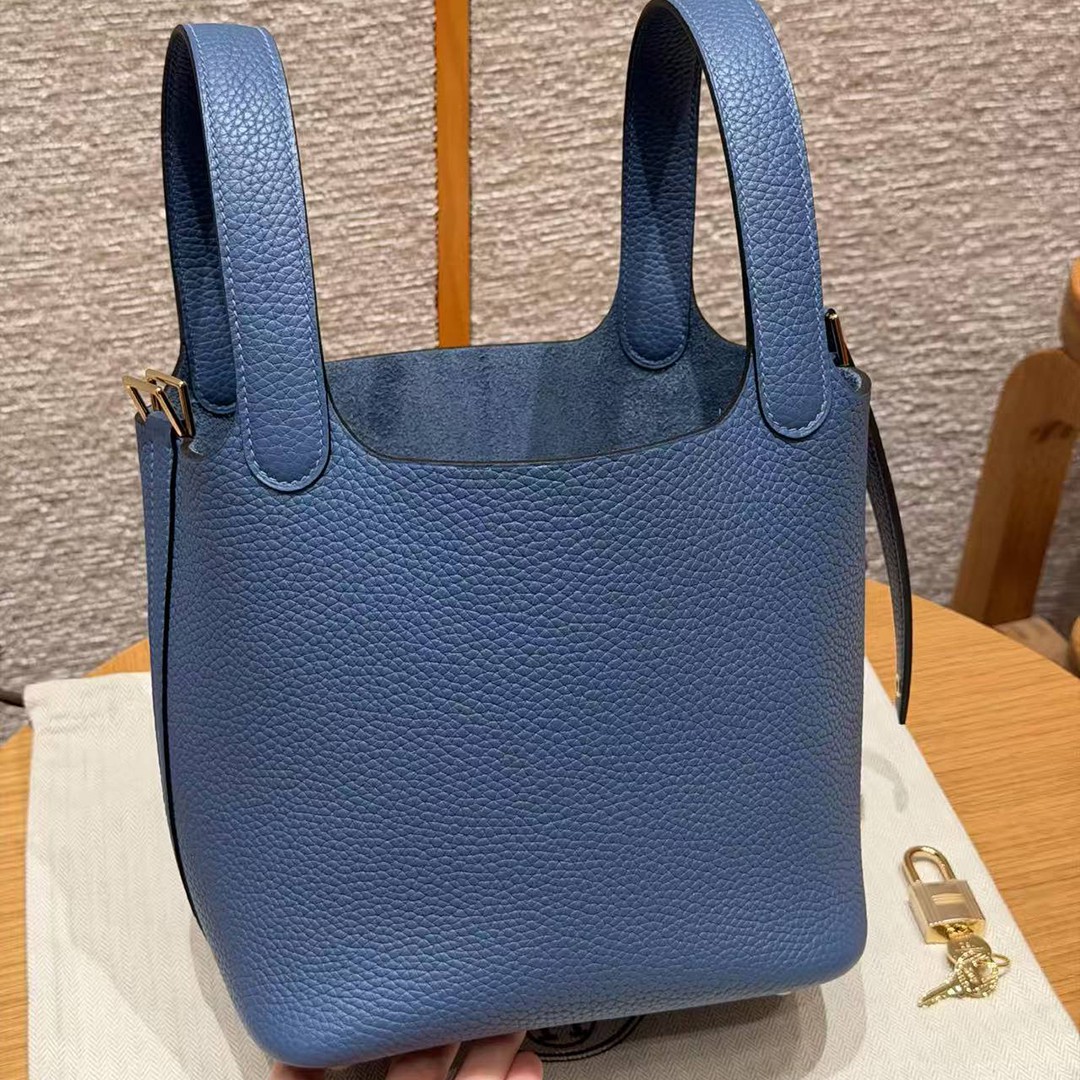 Hermes Picotin Lock 18 CM Bag Handmade In Taurillon Clemence Leather Gold Hardware R2 Blue Agate - Image 15