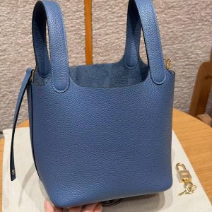 Hermes Picotin Lock 18 CM Bag Handmade In Taurillon Clemence Leather Gold Hardware R2 Blue Agate - Image 14