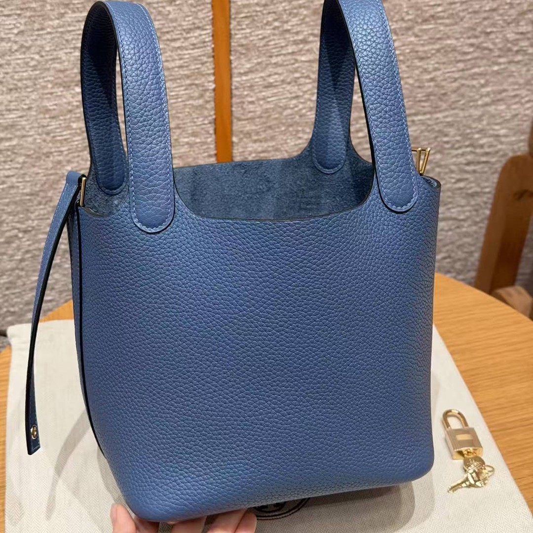 Hermes Picotin Lock 18 CM Bag Handmade In Taurillon Clemence Leather Gold Hardware R2 Blue Agate - Image 14