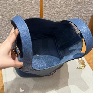 Hermes Picotin Lock 18 CM Bag Handmade In Taurillon Clemence Leather Gold Hardware R2 Blue Agate - Image 12
