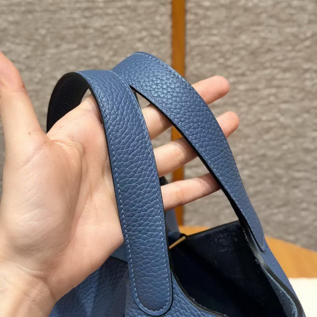 Hermes Picotin Lock 18 CM Bag Handmade In Taurillon Clemence Leather Gold Hardware R2 Blue Agate - Image 10