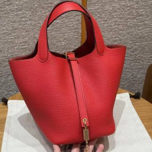 Hermes Picotin Lock 18 CM Bag Handmade In Taurillon Clemence Leather Gold Hardware S3 Rouge Coeur
